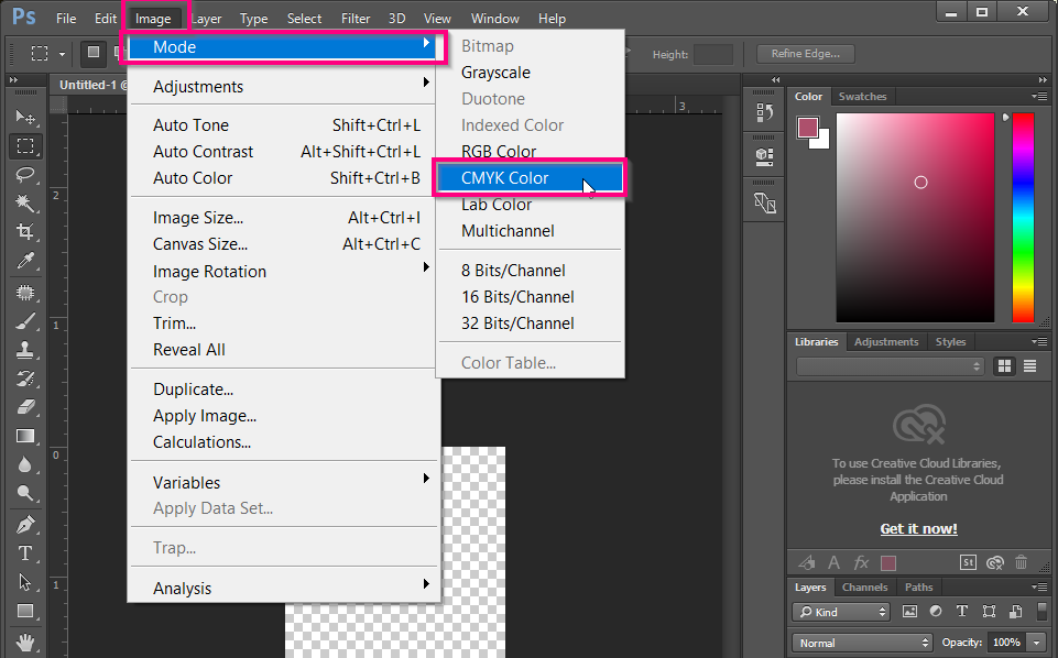 Changing the color mode of the file by going to Image, Mode, CMYK Color. Changing the color mode of the file by going to Image, Mode, CMYK Color.